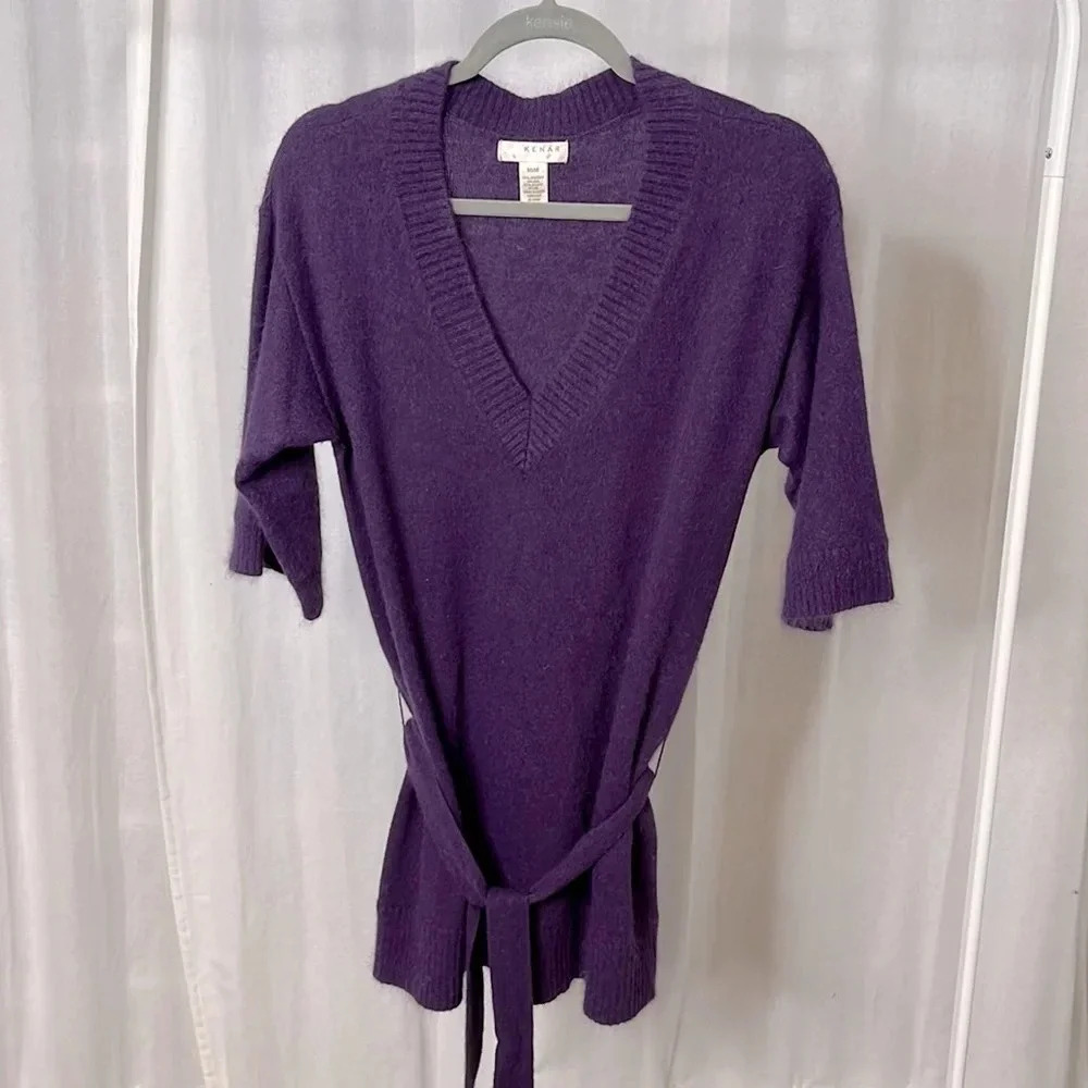 KENAR Purple Angora V-Neck Belted Sweater, Size M
